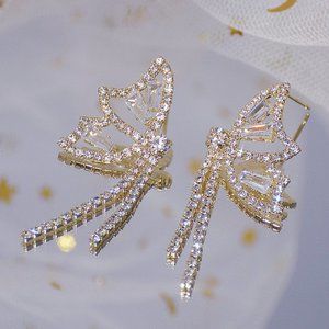 NEW 14K Gold Plated Round Diamond Butterfly Tassel Drop Earrings